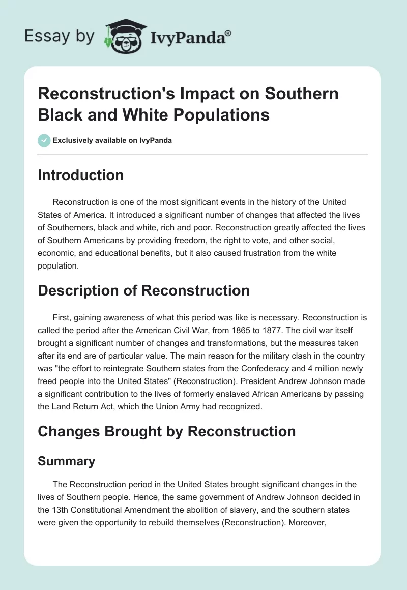 Reconstruction's Impact on Southern Black and White Populations. Page 1