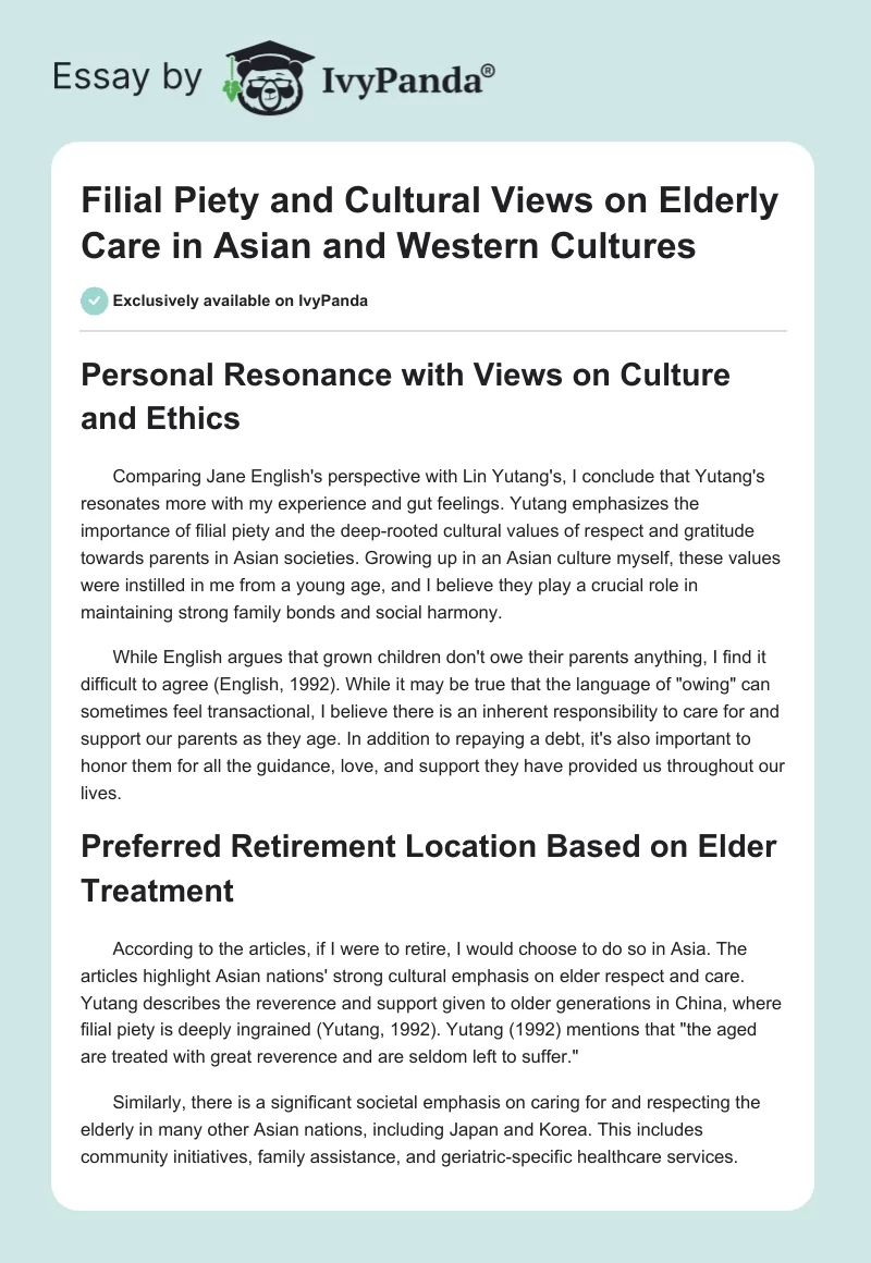 Filial Piety and Cultural Views on Elderly Care in Asian and Western Cultures. Page 1