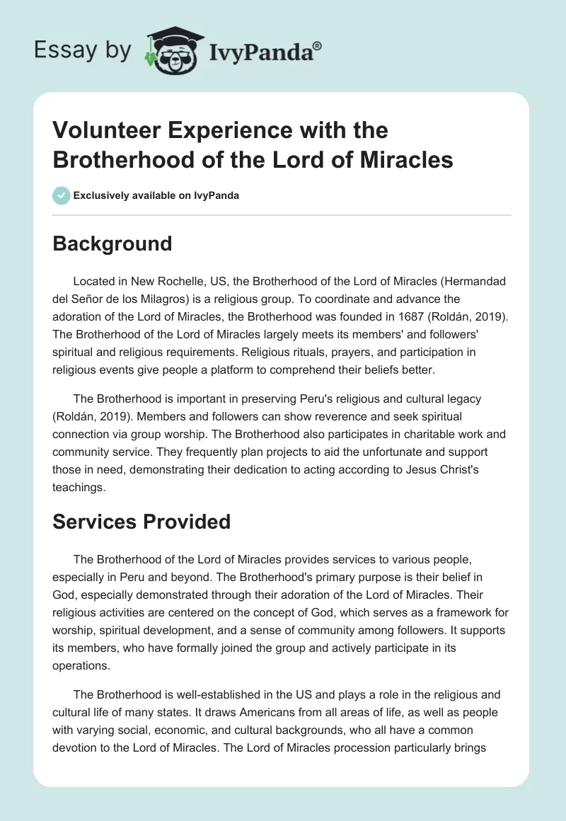 Volunteer Experience with the Brotherhood of the Lord of Miracles. Page 1
