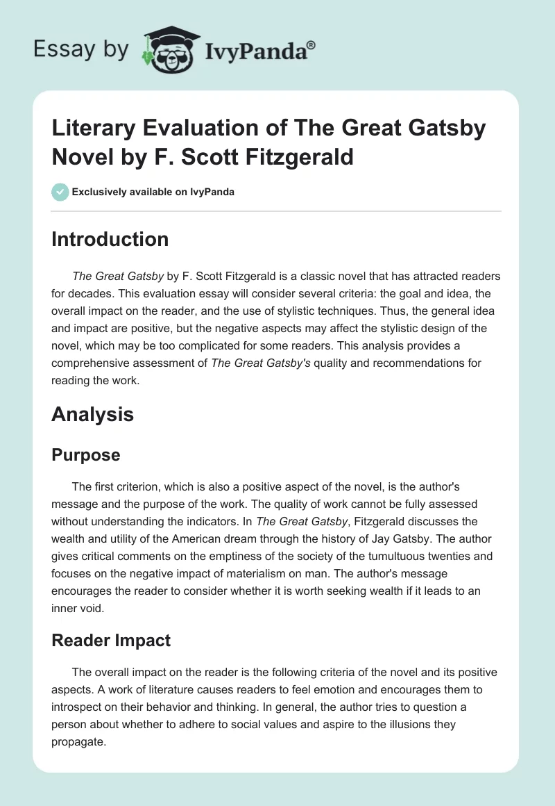 Literary Evaluation of The Great Gatsby Novel by F. Scott Fitzgerald. Page 1