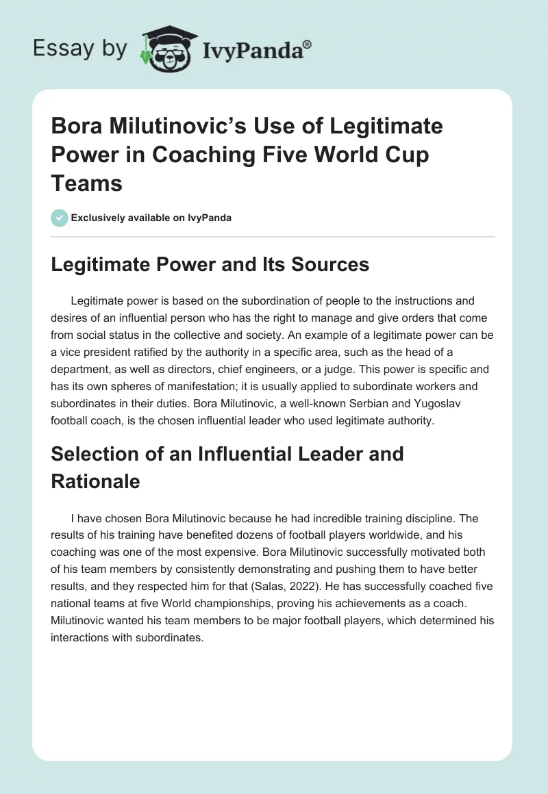 Bora Milutinovic’s Use of Legitimate Power in Coaching Five World Cup Teams. Page 1