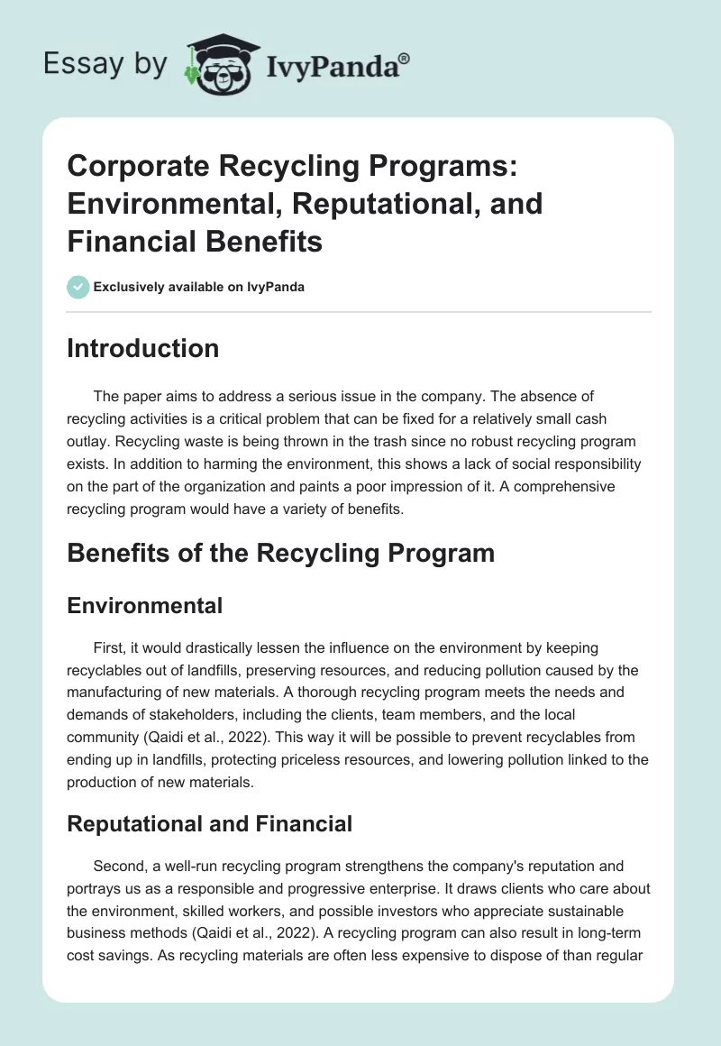 Corporate Recycling Programs: Environmental, Reputational, and Financial Benefits. Page 1