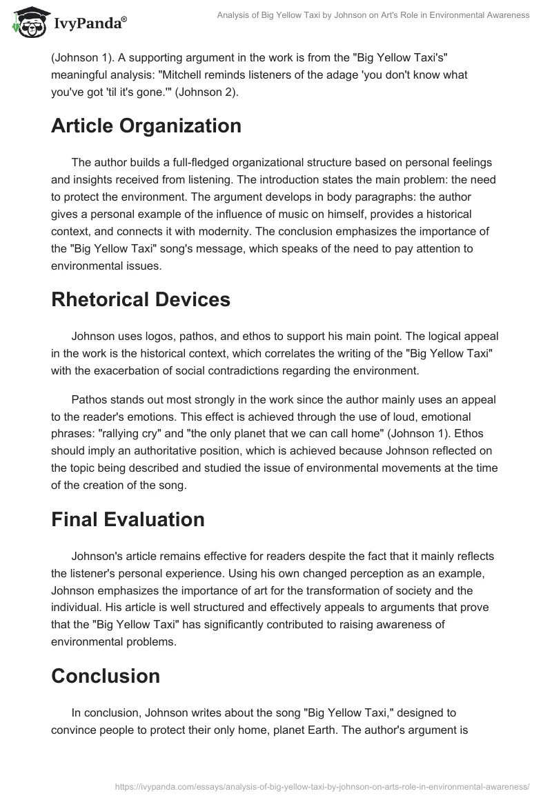 Analysis of "Big Yellow Taxi" by Johnson on Art's Role in Environmental Awareness. Page 2