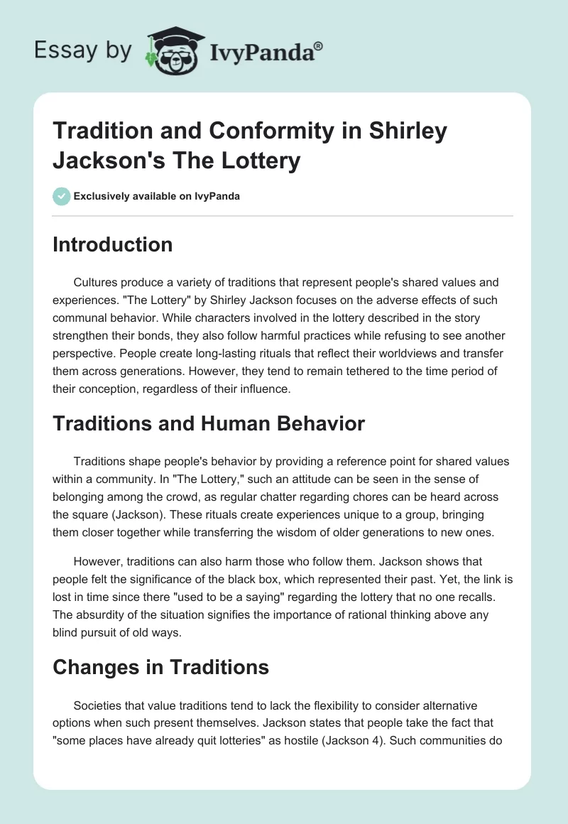 Tradition and Conformity in Shirley Jackson's "The Lottery". Page 1
