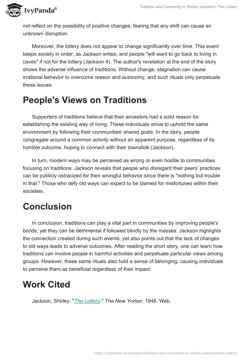 Tradition and Conformity in Shirley Jackson's "The Lottery". Page 2