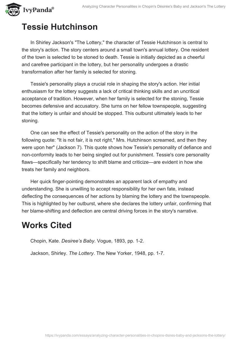 Analyzing Character Personalities in Chopin's "Désirée's Baby" and Jackson's "The Lottery". Page 2