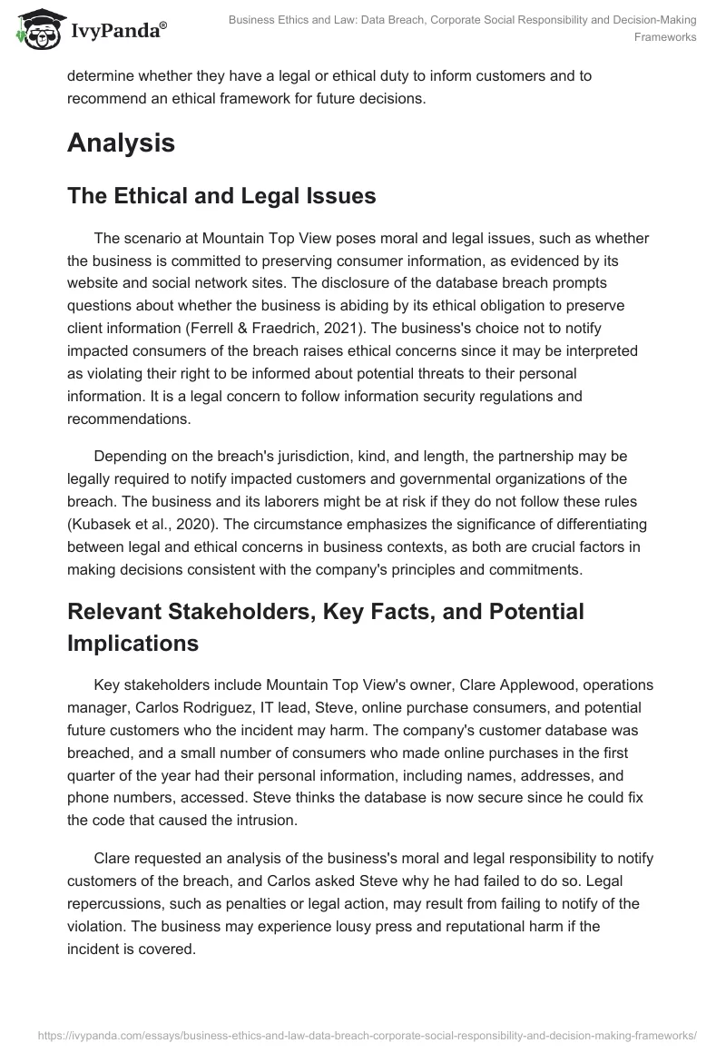 Business Ethics and Law: Data Breach, Corporate Social Responsibility and Decision-Making Frameworks. Page 2