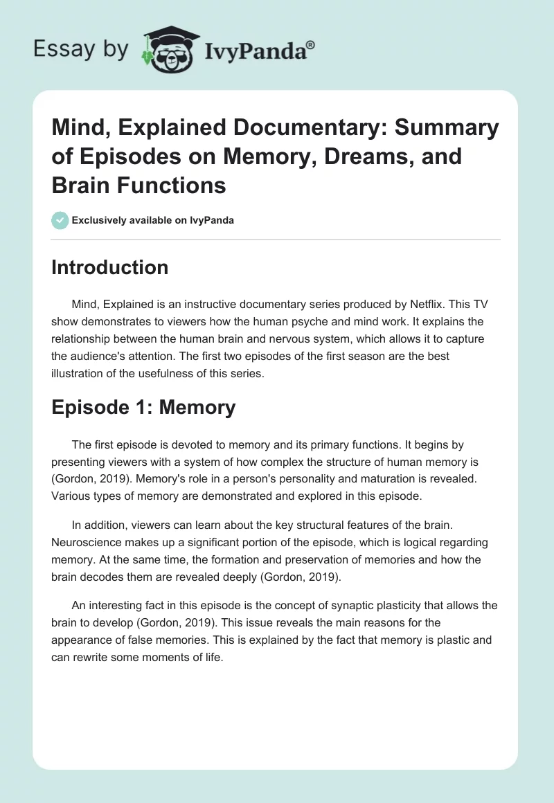 Mind, Explained Documentary: Summary of Episodes on Memory, Dreams, and Brain Functions. Page 1
