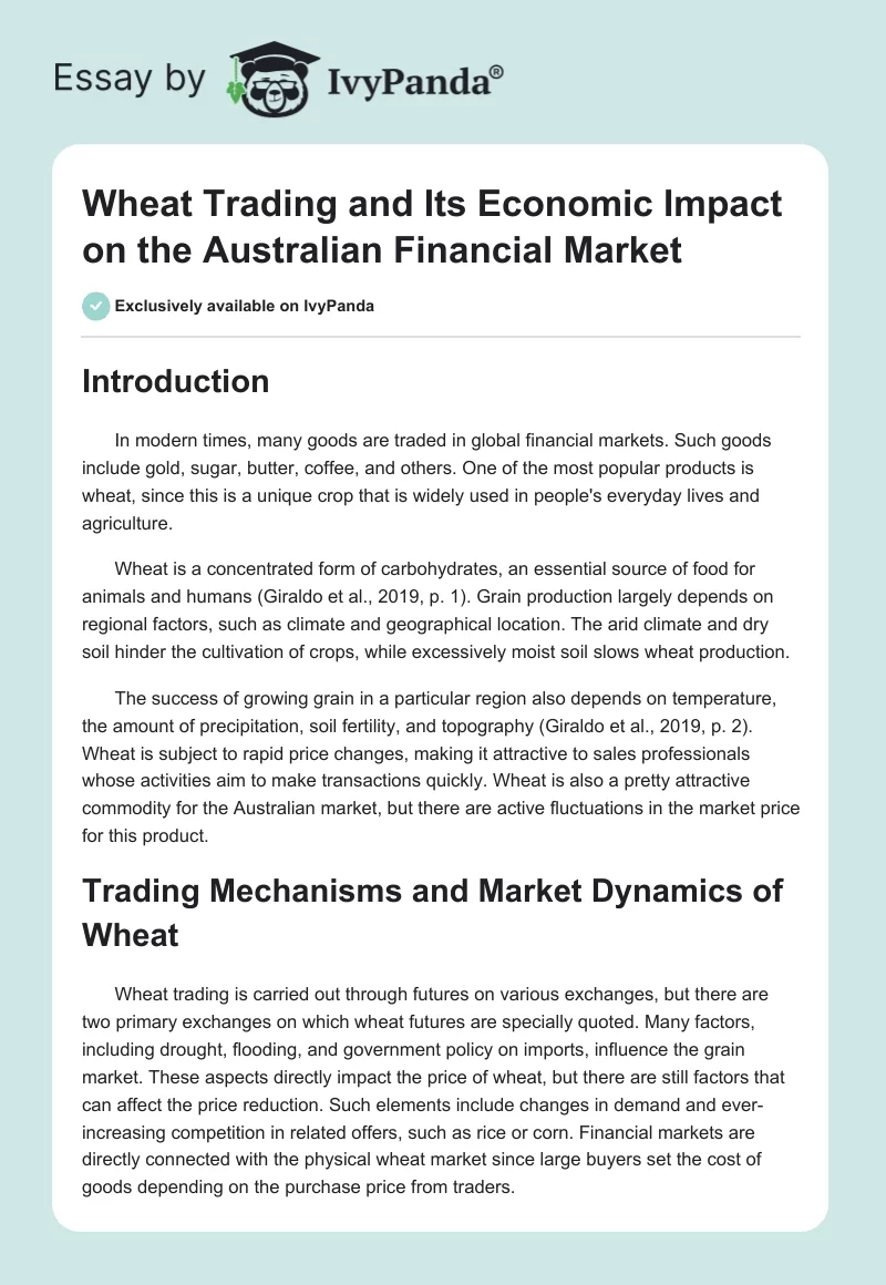 Wheat Trading and Its Economic Impact on the Australian Financial Market. Page 1
