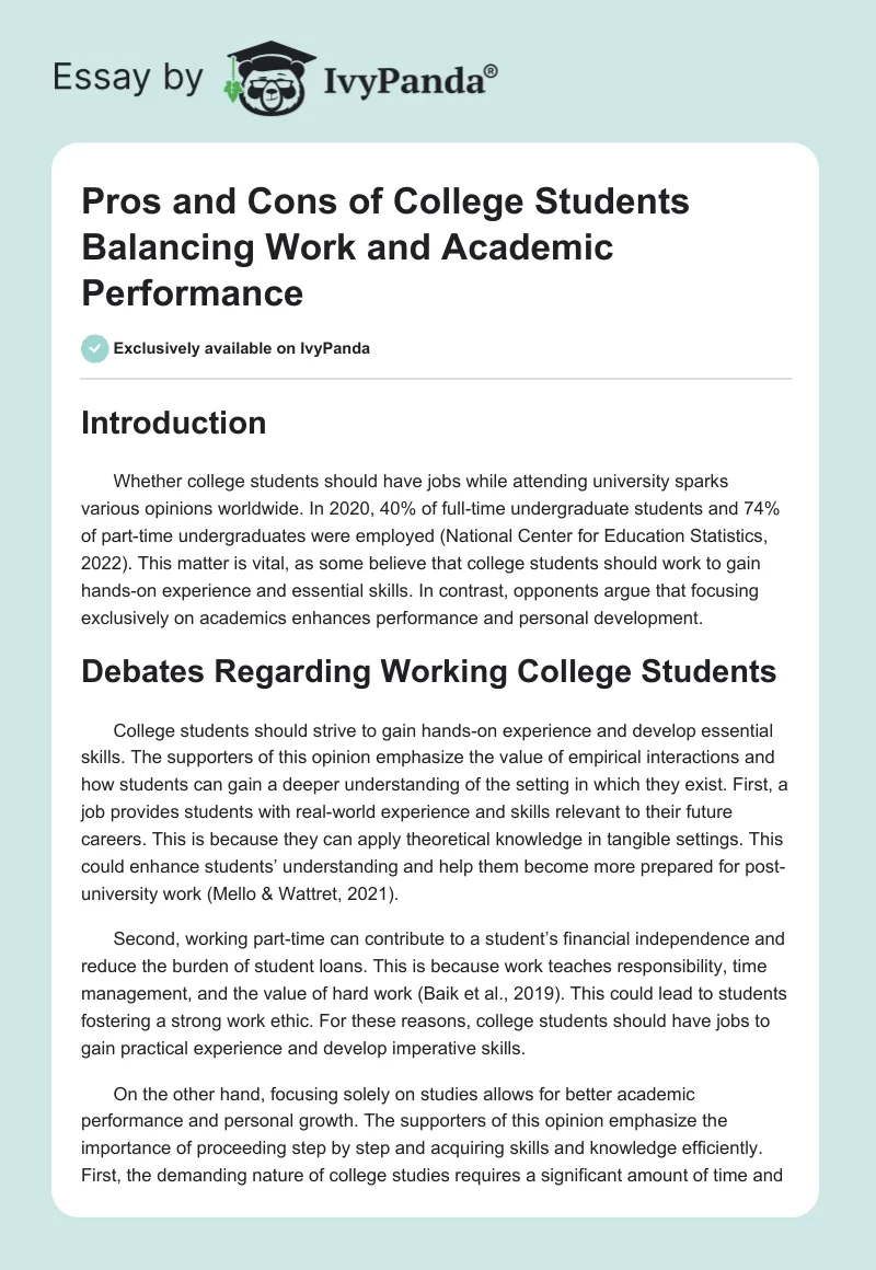 Pros and Cons of College Students Balancing Work and Academic Performance. Page 1