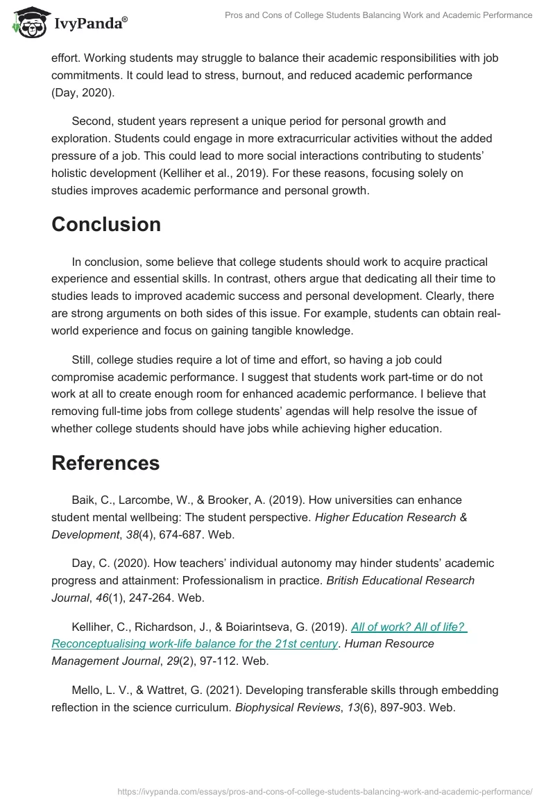 Pros and Cons of College Students Balancing Work and Academic Performance. Page 2