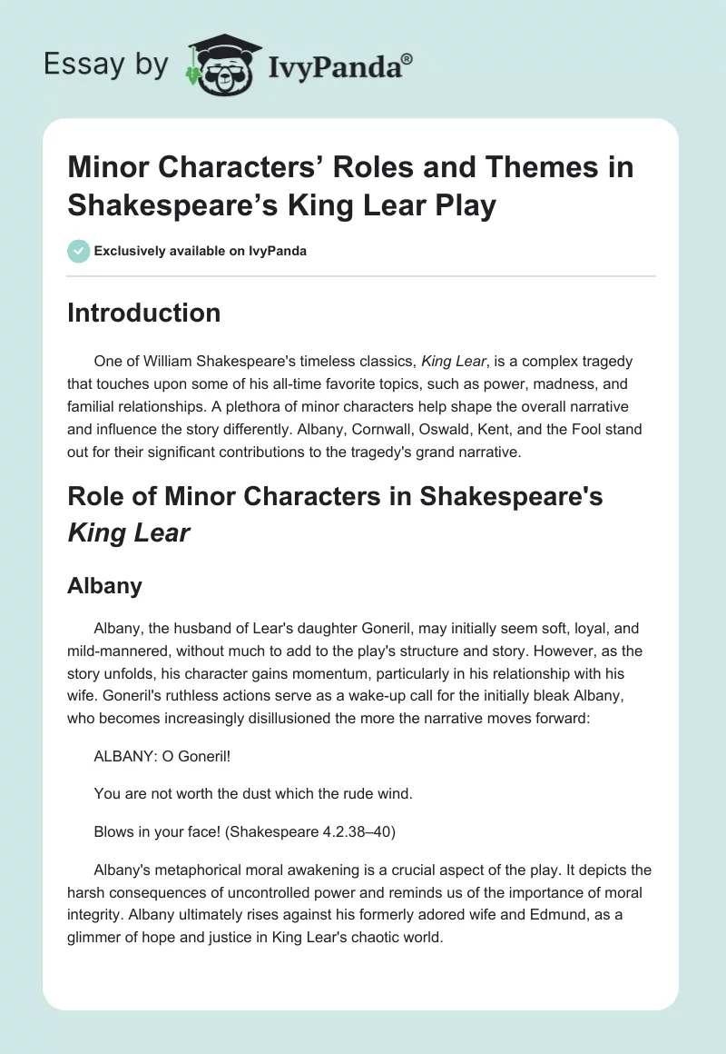 Minor Characters’ Roles and Themes in Shakespeare’s King Lear Play. Page 1