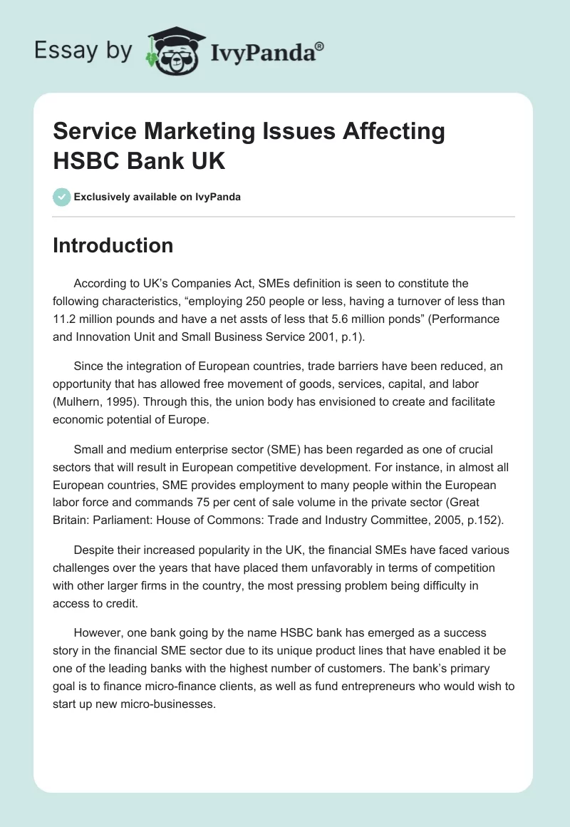 Service Marketing Issues Affecting HSBC Bank UK. Page 1