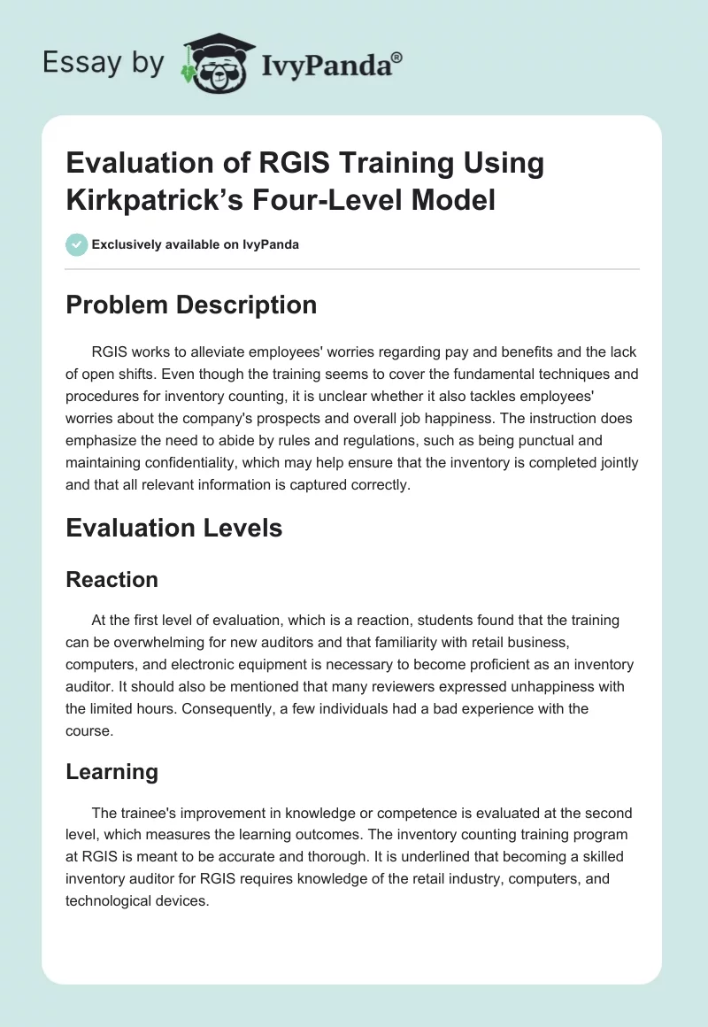 Evaluation of RGIS Training Using Kirkpatrick’s Four-Level Model. Page 1