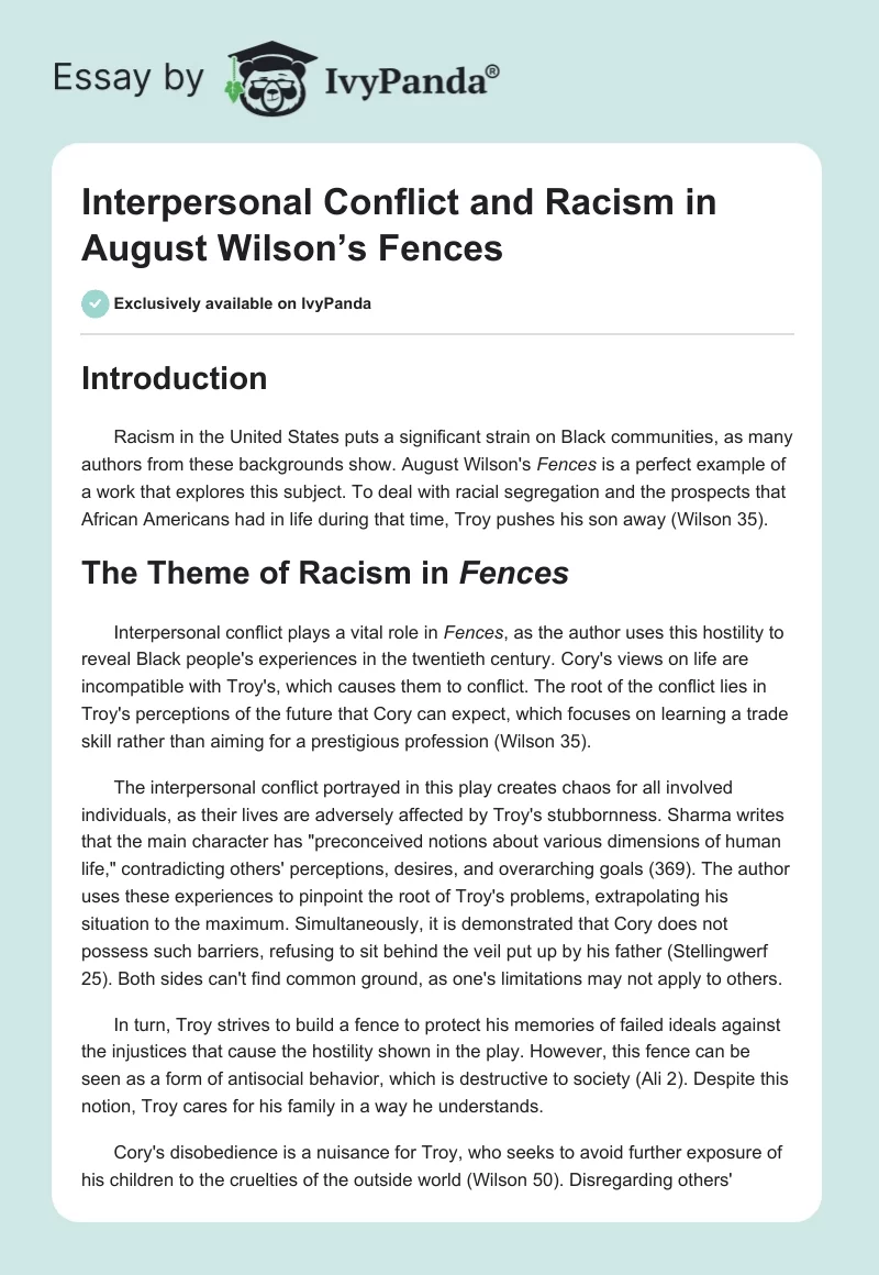 Interpersonal Conflict and Racism in August Wilson’s Fences. Page 1