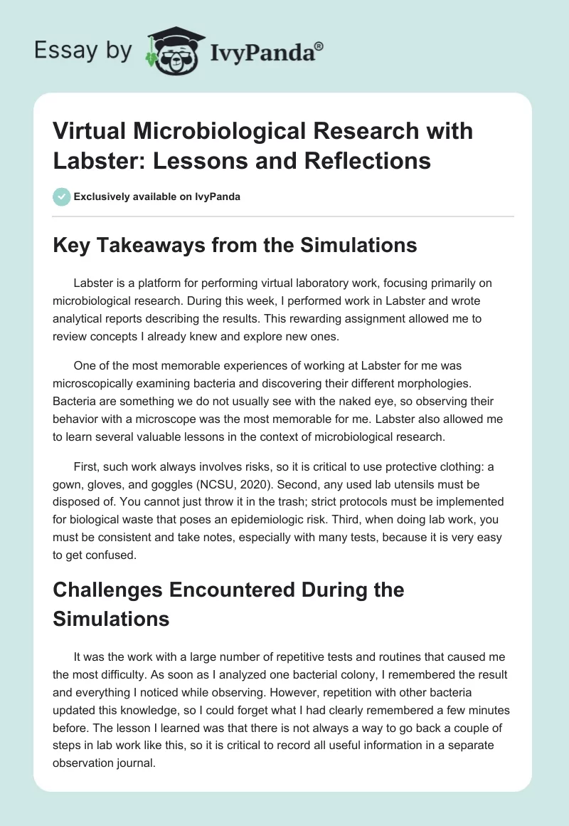 Virtual Microbiological Research with Labster: Lessons and Reflections. Page 1