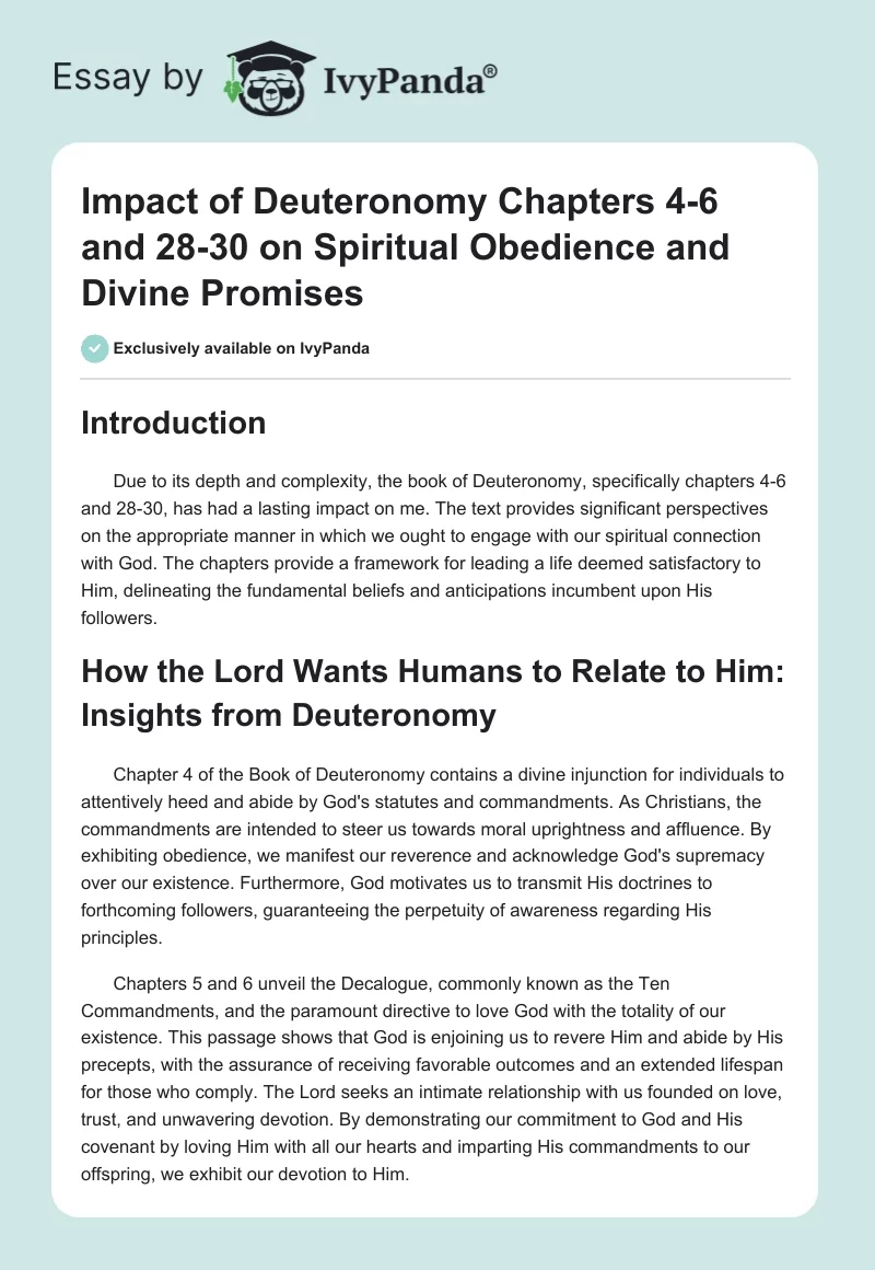 Impact of Deuteronomy Chapters 4-6 and 28-30 on Spiritual Obedience and Divine Promises. Page 1