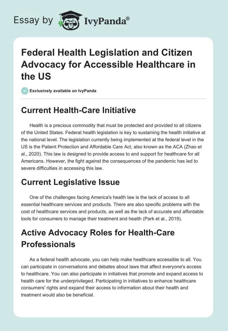 Federal Health Legislation and Citizen Advocacy for Accessible Healthcare in the US. Page 1