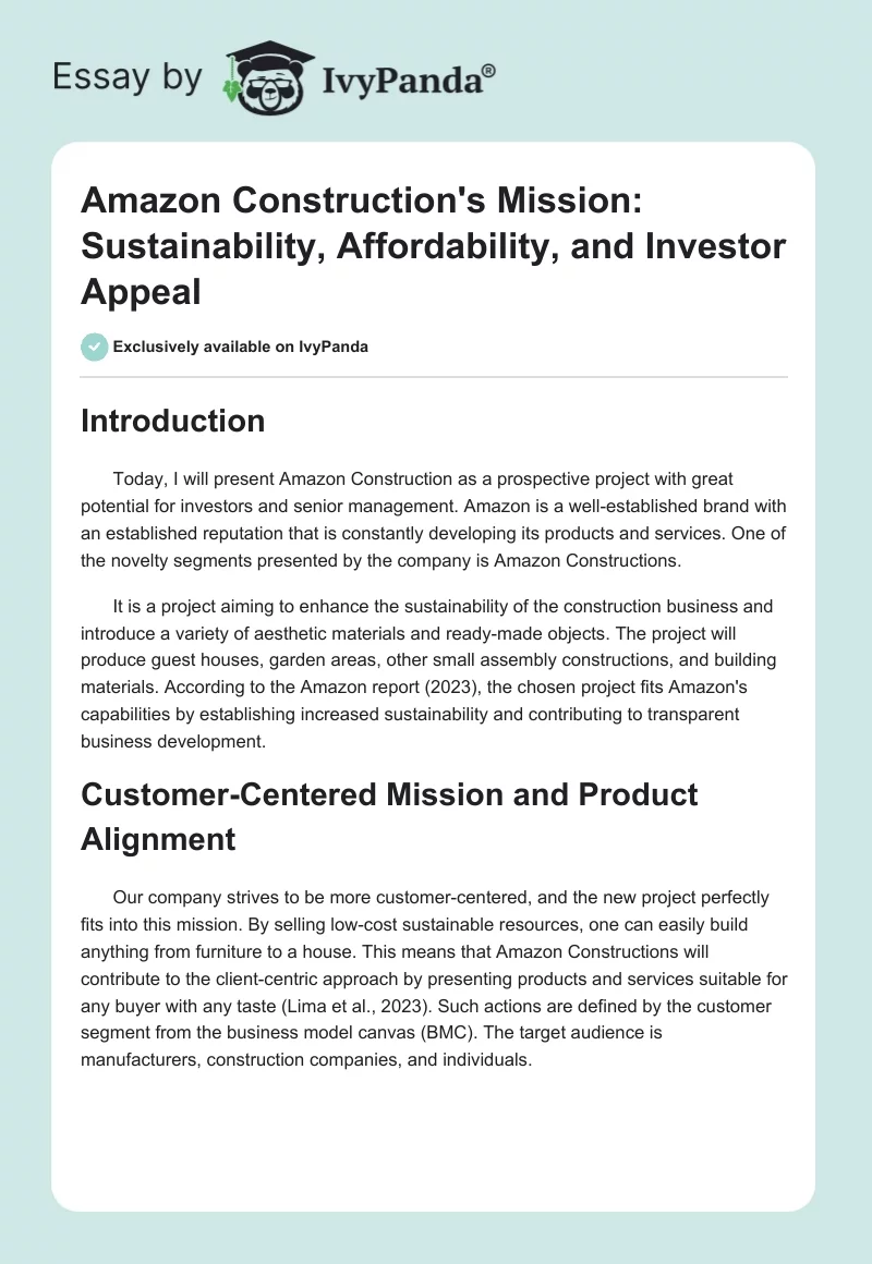Amazon Construction's Mission: Sustainability, Affordability, and Investor Appeal. Page 1