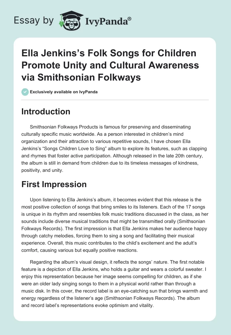 Ella Jenkins’s Folk Songs for Children Promote Unity and Cultural Awareness via Smithsonian Folkways. Page 1