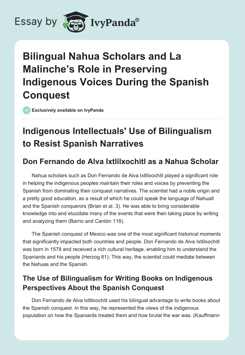 Bilingual Nahua Scholars and La Malinche’s Role in Preserving Indigenous Voices During the Spanish Conquest. Page 1