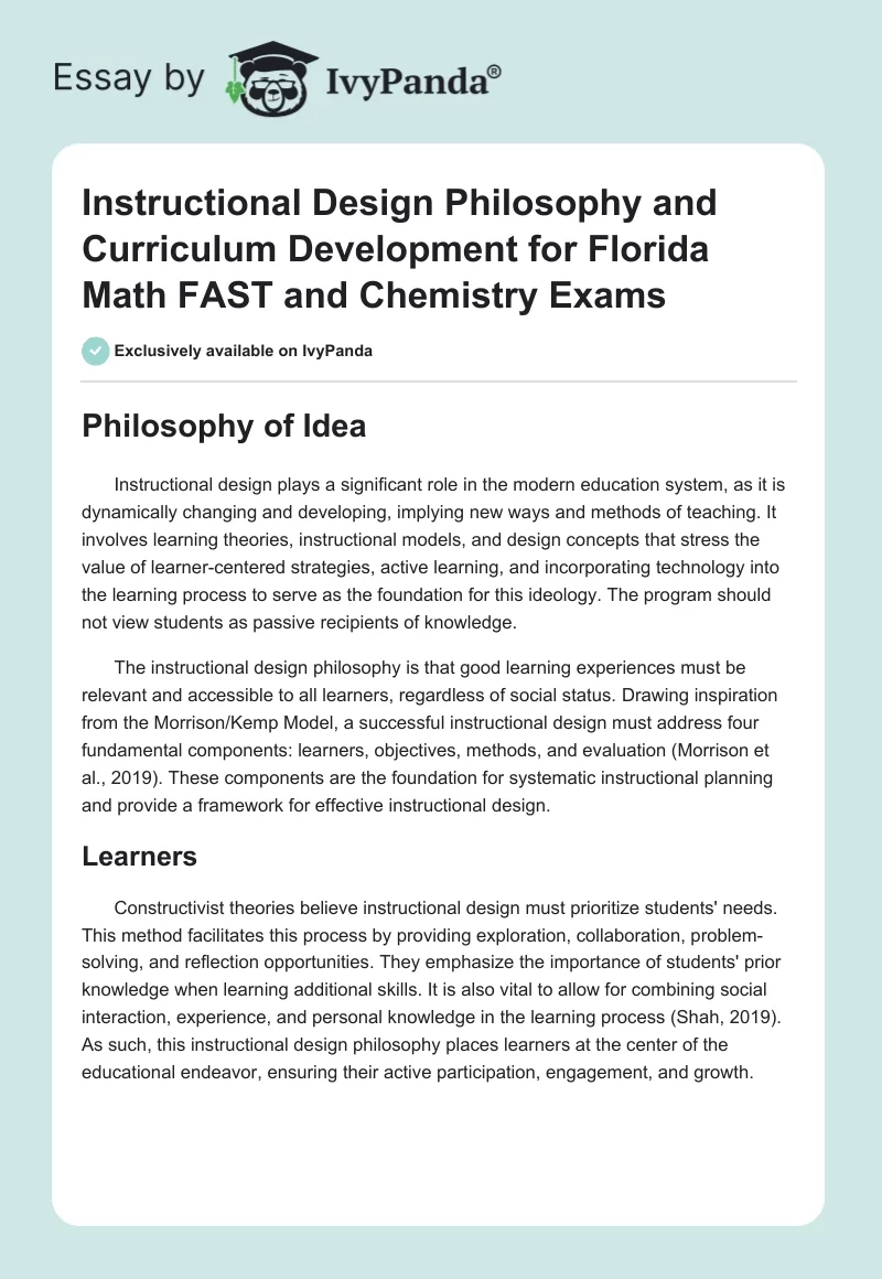 Instructional Design Philosophy and Curriculum Development for Florida Math FAST and Chemistry Exams. Page 1