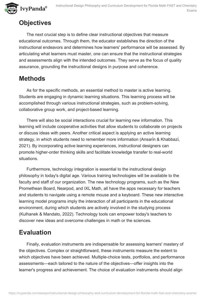 Instructional Design Philosophy and Curriculum Development for Florida Math FAST and Chemistry Exams. Page 2