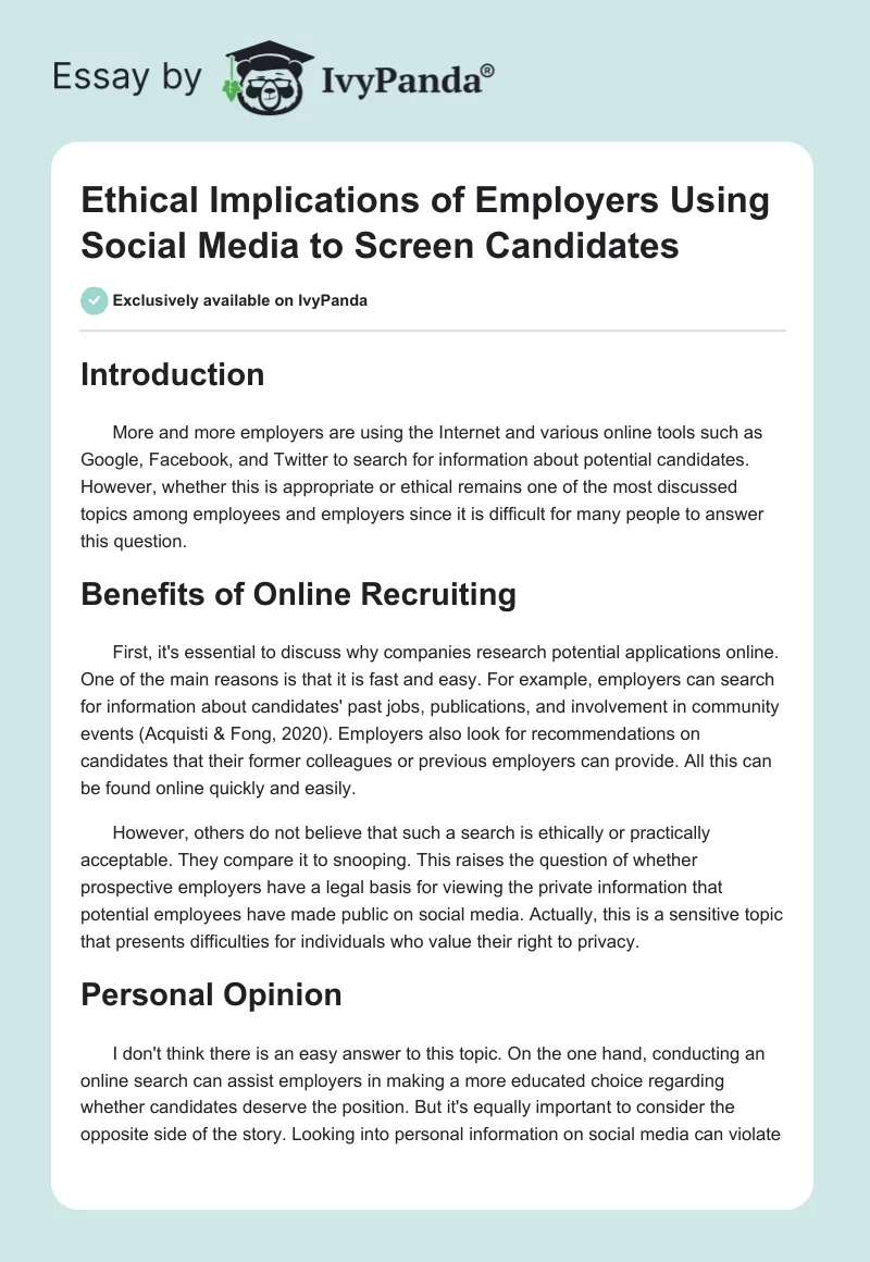 Ethical Implications of Employers Using Social Media to Screen Candidates. Page 1