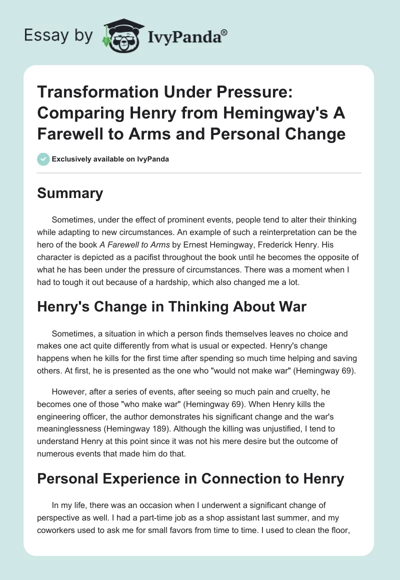 Transformation Under Pressure: Comparing Henry from Hemingway's A Farewell to Arms and Personal Change. Page 1