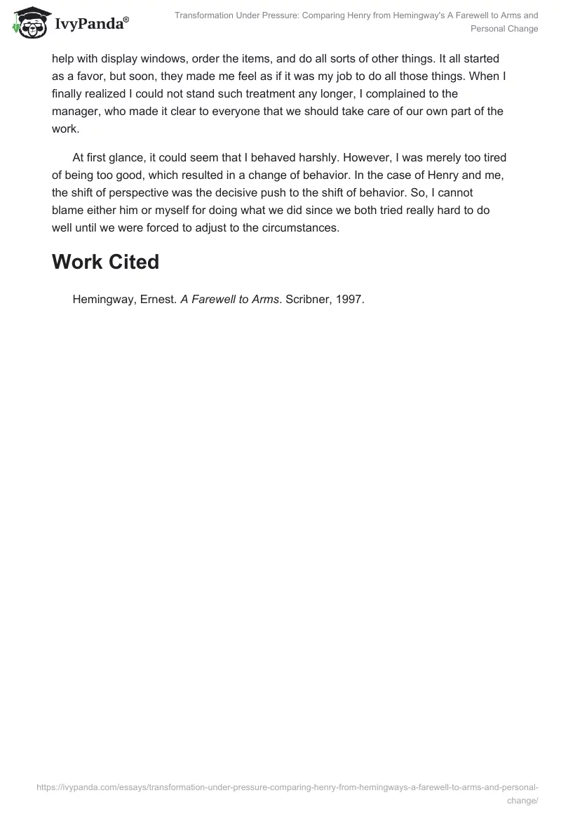 Transformation Under Pressure: Comparing Henry from Hemingway's A Farewell to Arms and Personal Change. Page 2
