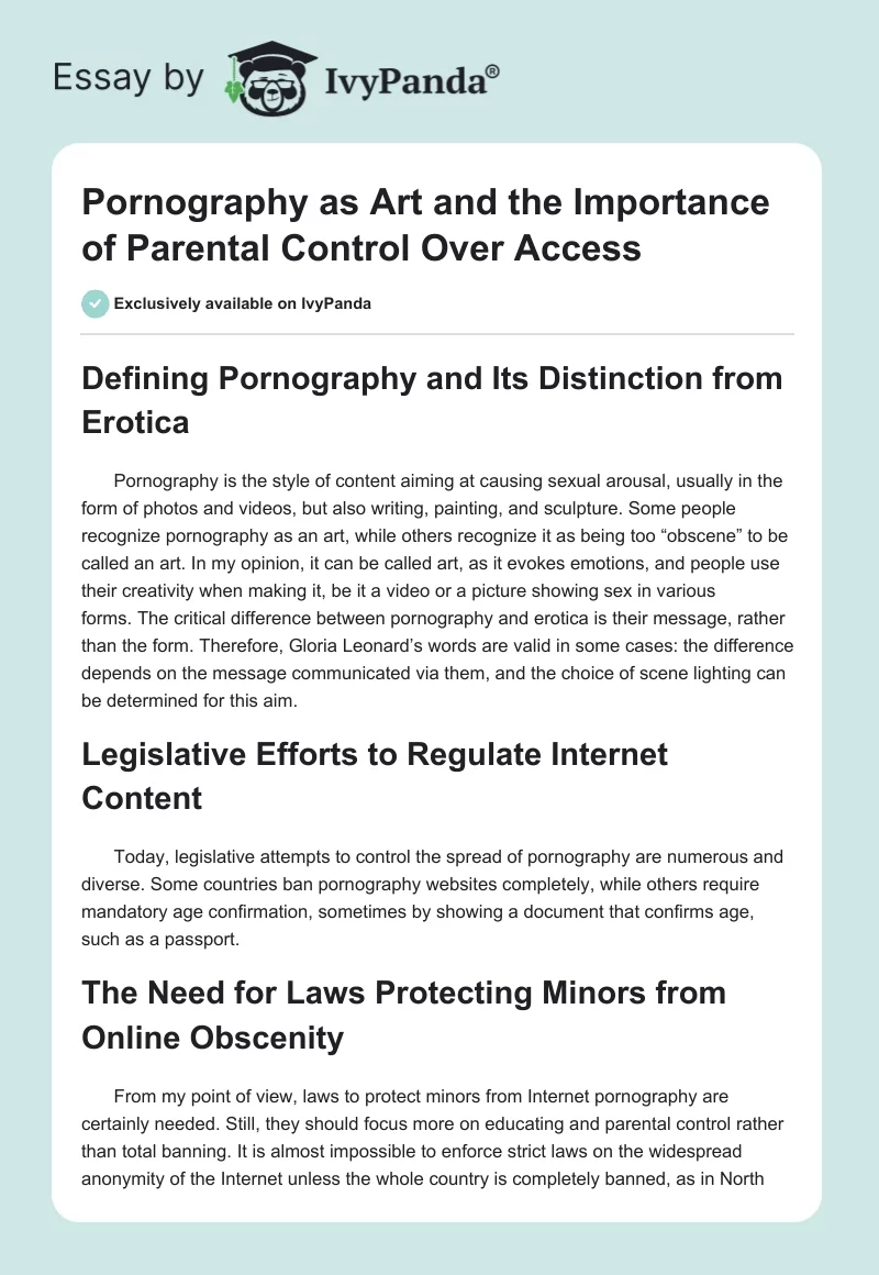 Pornography as Art and the Importance of Parental Control Over Access. Page 1