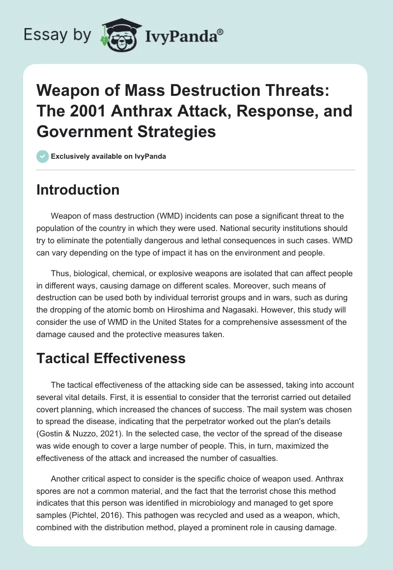Weapon of Mass Destruction Threats: The 2001 Anthrax Attack, Response, and Government Strategies. Page 1