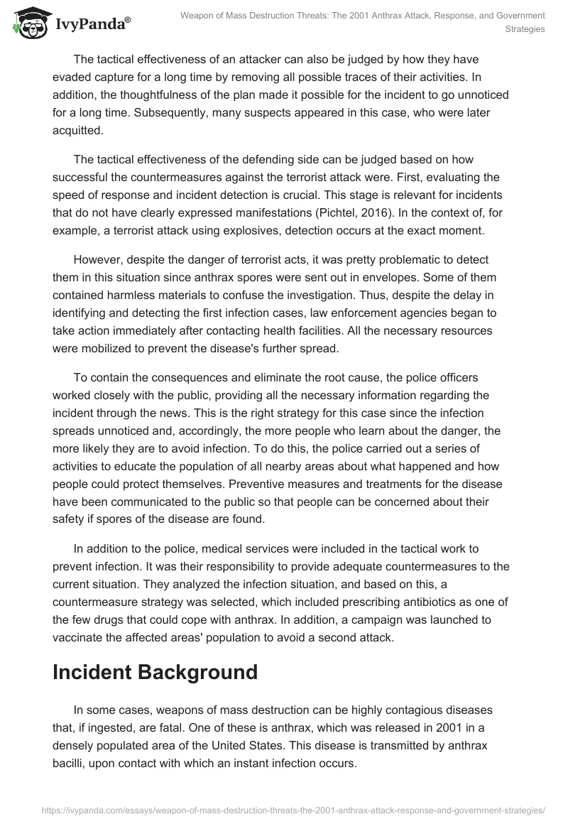 Weapon of Mass Destruction Threats: The 2001 Anthrax Attack, Response, and Government Strategies. Page 2