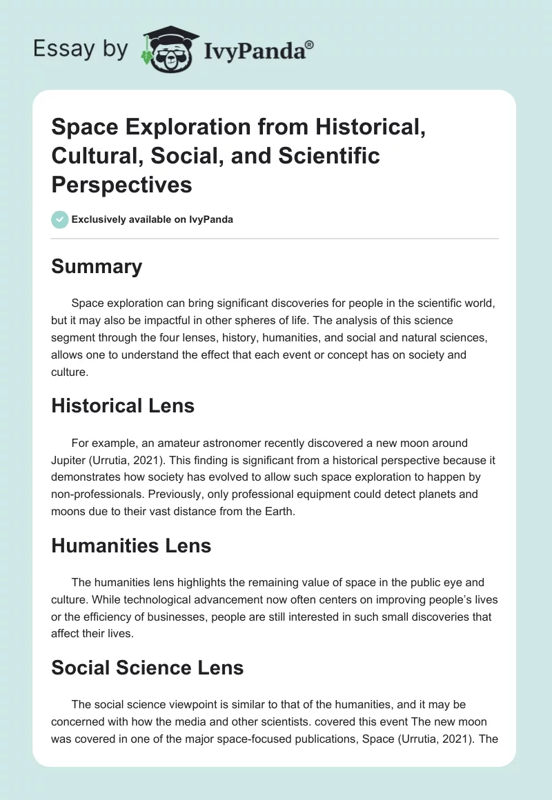 Space Exploration from Historical, Cultural, Social, and Scientific Perspectives. Page 1