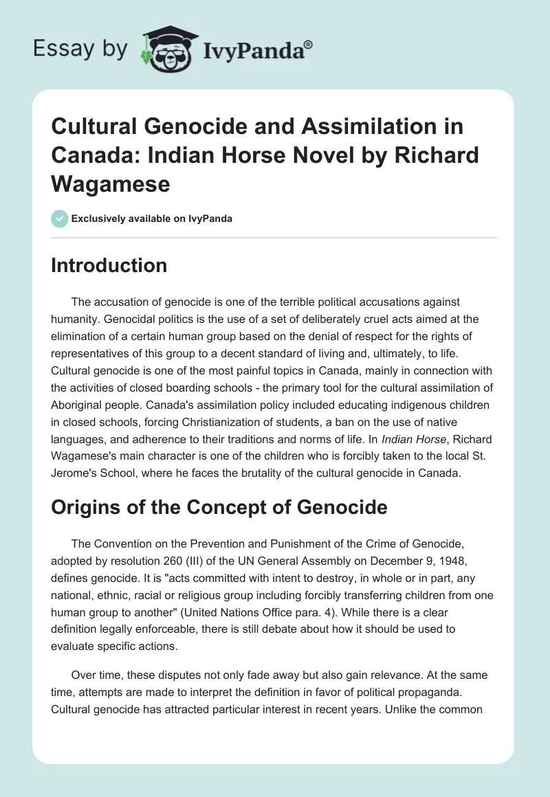 Cultural Genocide and Assimilation in Canada: Indian Horse Novel by Richard Wagamese. Page 1