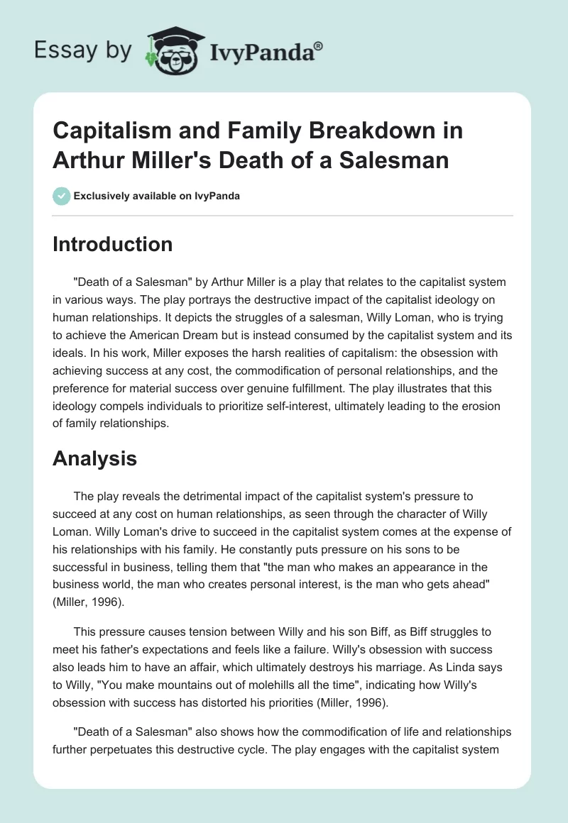 Capitalism and Family Breakdown in Arthur Miller's "Death of a Salesman". Page 1