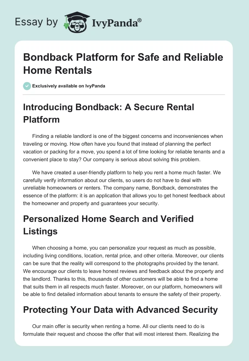 Bondback Platform for Safe and Reliable Home Rentals. Page 1