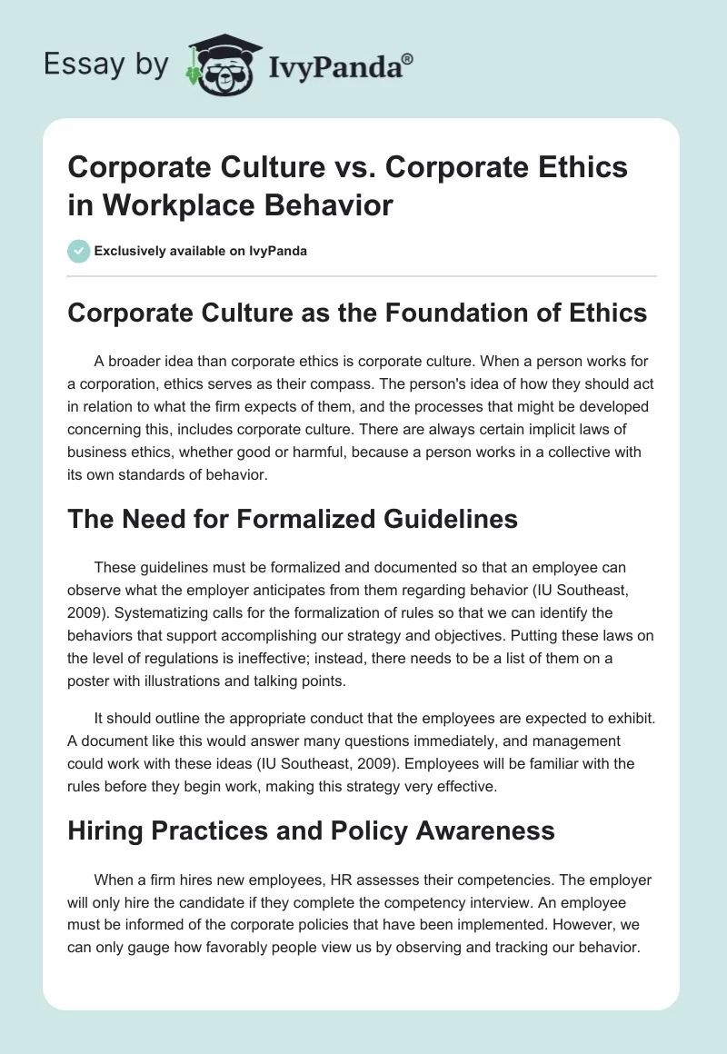 Corporate Culture vs. Corporate Ethics in Workplace Behavior. Page 1