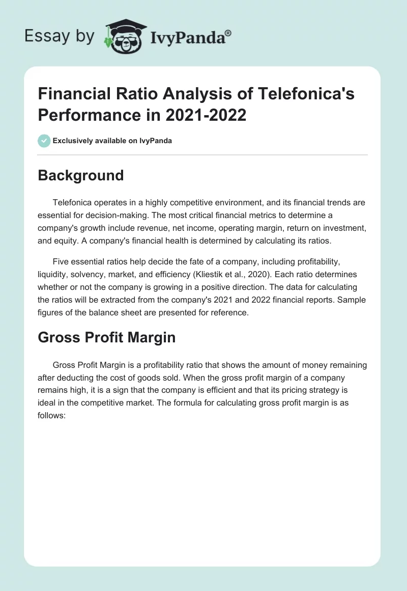 Financial Ratio Analysis of Telefonica's Performance in 2021-2022. Page 1