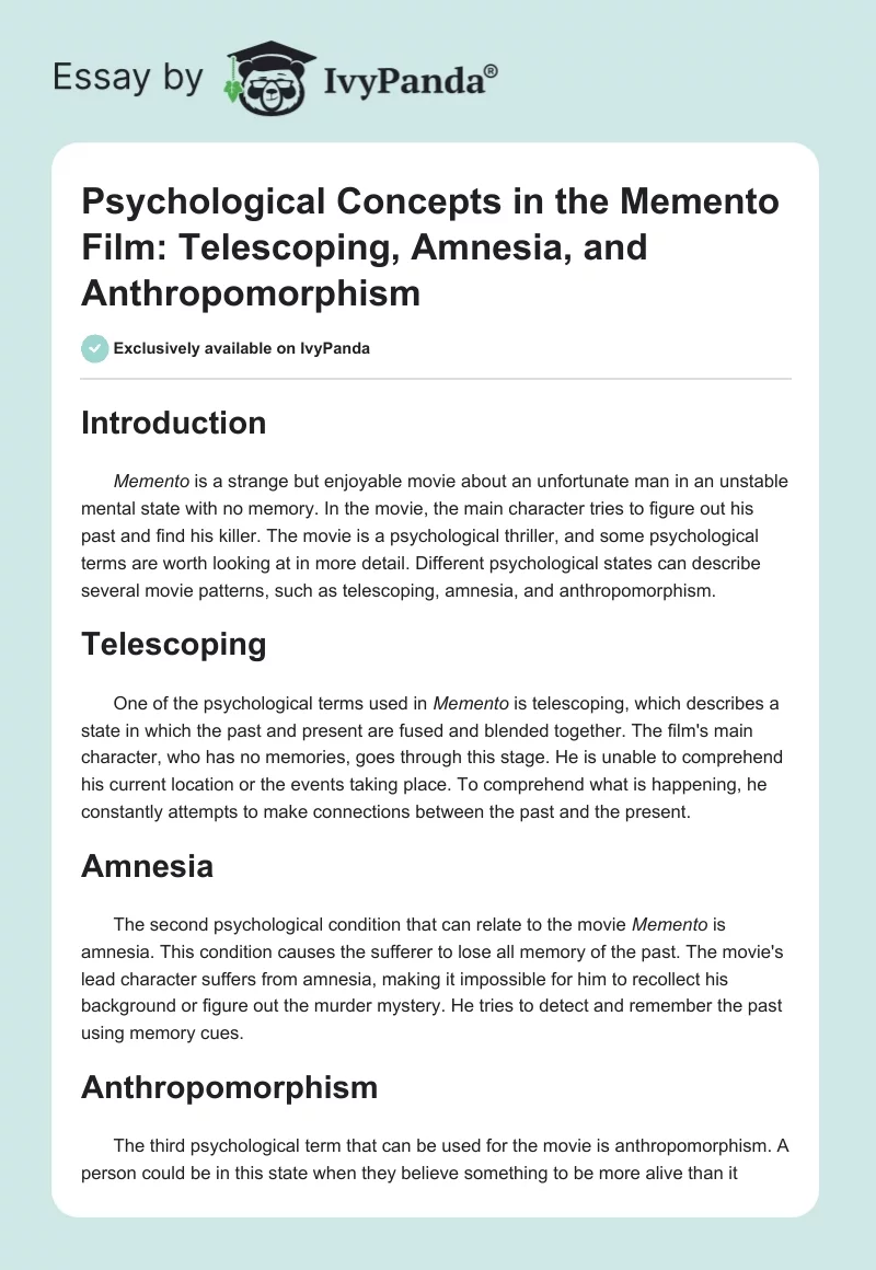 Psychological Concepts in the Memento Film: Telescoping, Amnesia, and Anthropomorphism. Page 1