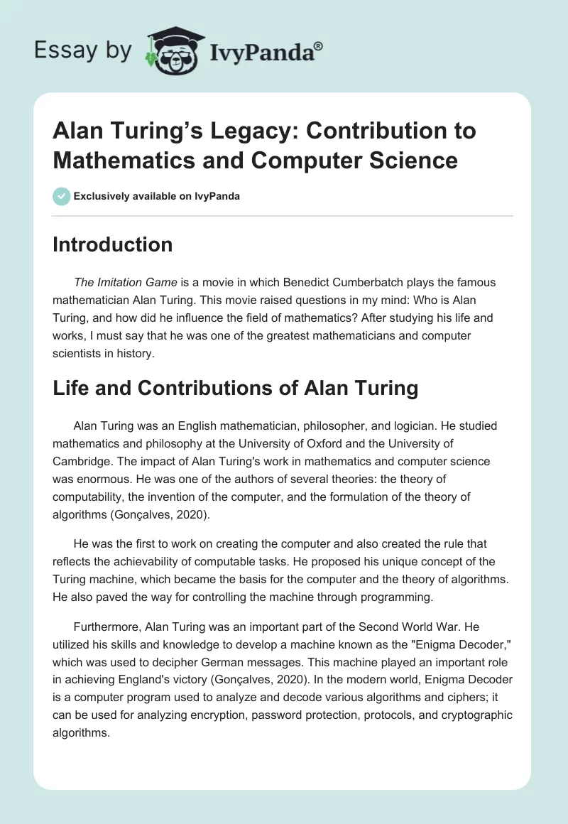 Alan Turing’s Legacy: Contribution to Mathematics and Computer Science. Page 1