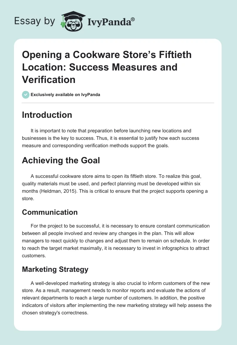 Opening a Cookware Store’s Fiftieth Location: Success Measures and Verification. Page 1