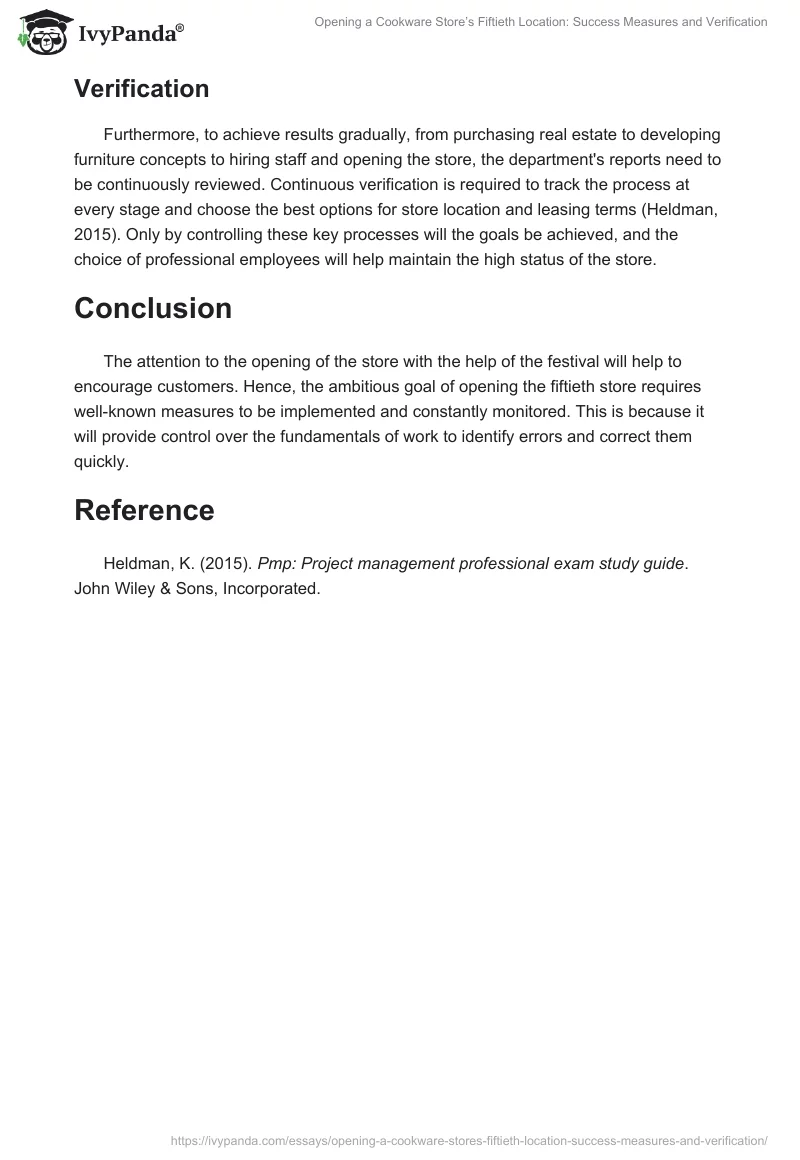 Opening a Cookware Store’s Fiftieth Location: Success Measures and Verification. Page 2