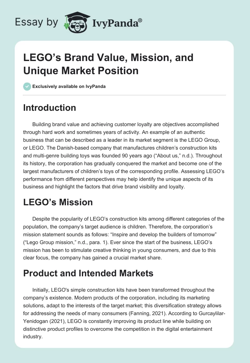 LEGO’s Brand Value, Mission, and Unique Market Position. Page 1