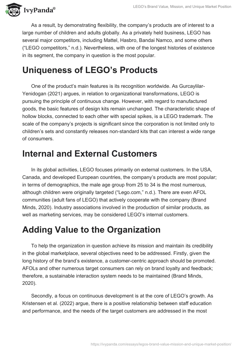 LEGO’s Brand Value, Mission, and Unique Market Position. Page 2