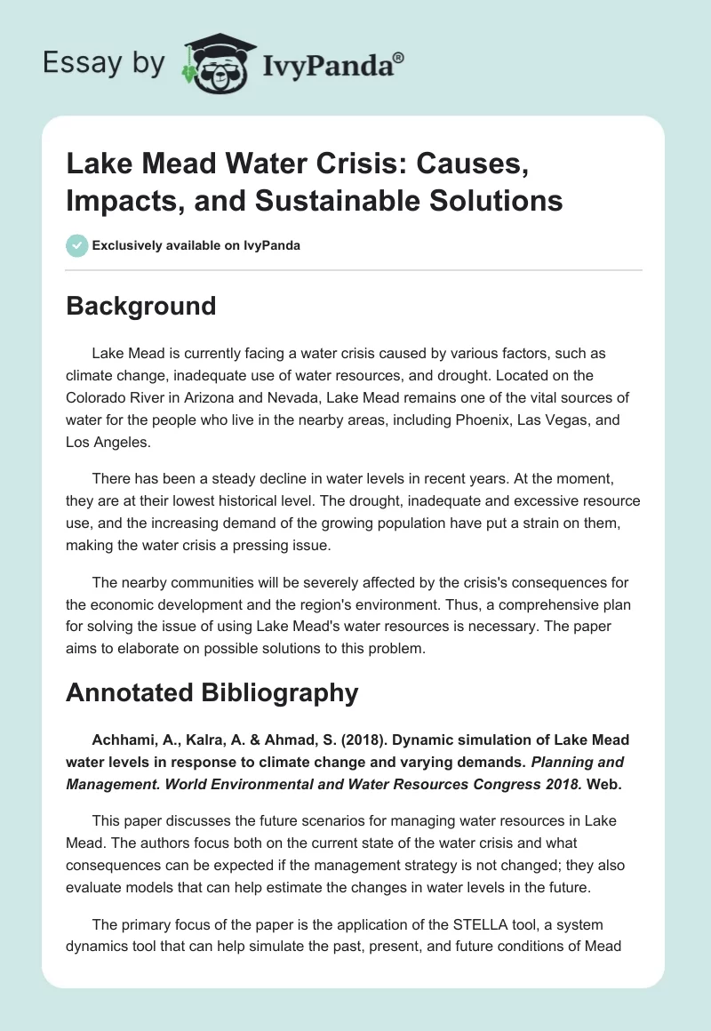 Lake Mead Water Crisis: Causes, Impacts, and Sustainable Solutions. Page 1