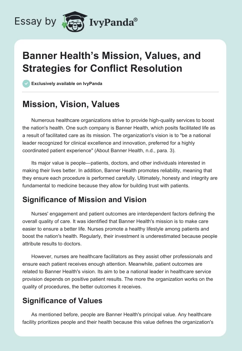 Banner Health’s Mission, Values, and Strategies for Conflict Resolution. Page 1