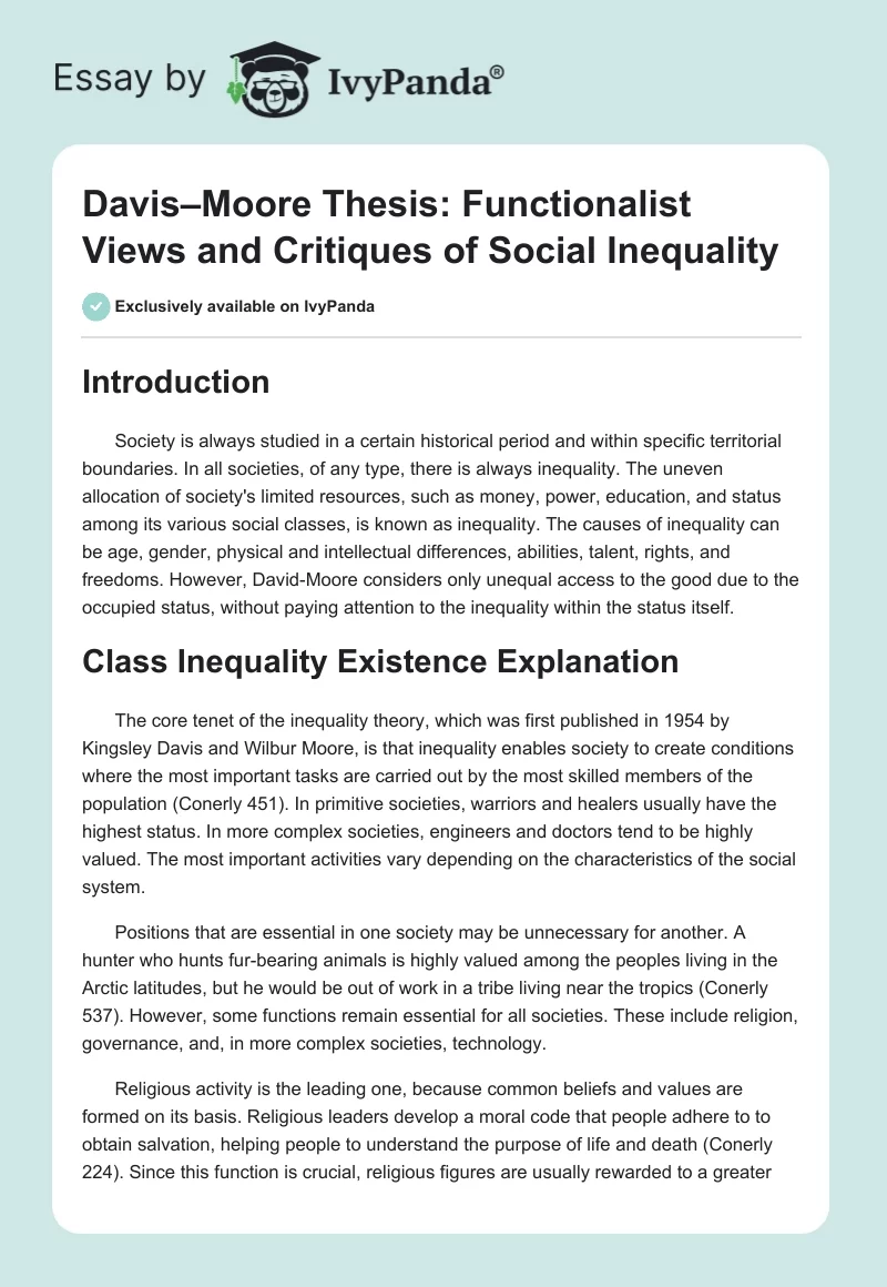 Davis–Moore Thesis: Functionalist Views and Critiques of Social Inequality. Page 1