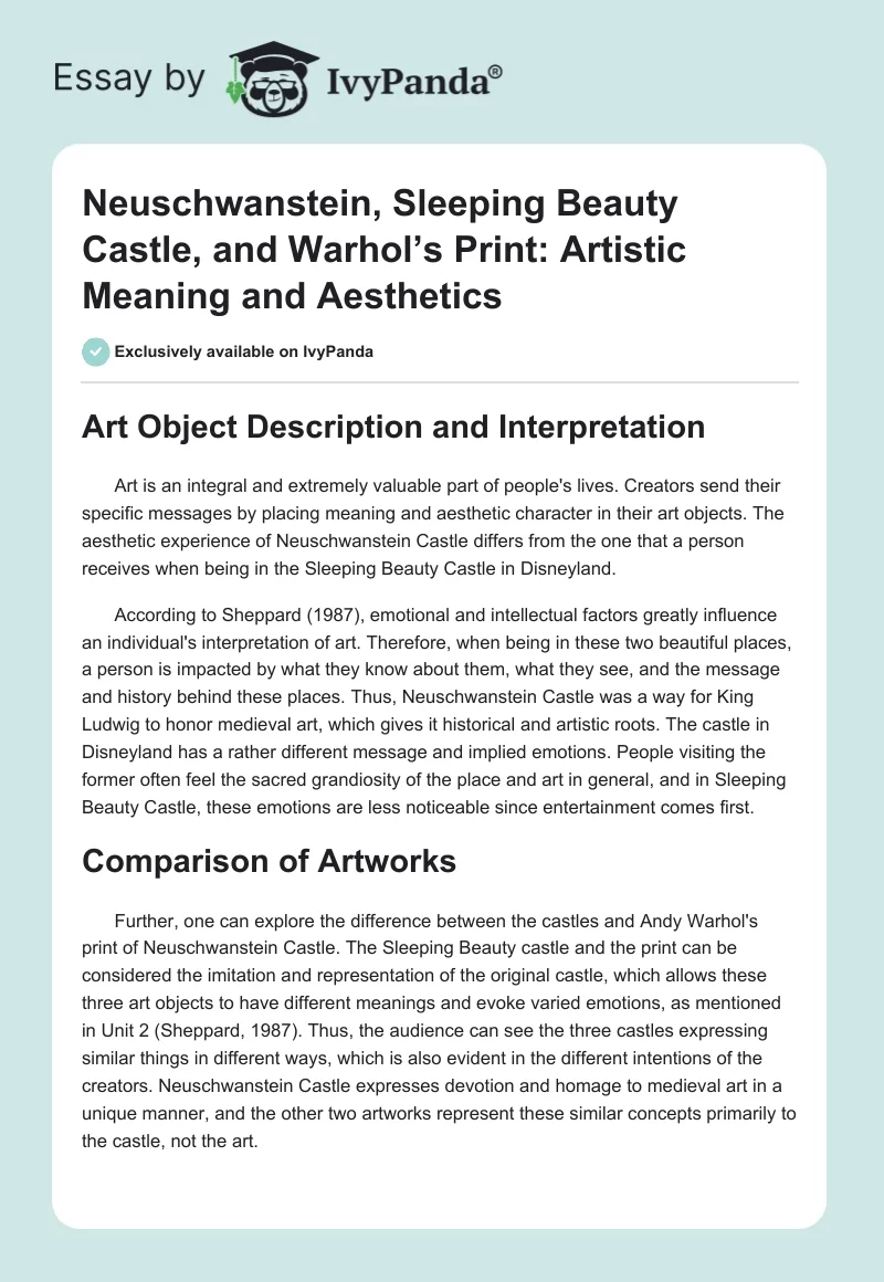 Neuschwanstein, Sleeping Beauty Castle, and Warhol’s Print: Artistic Meaning and Aesthetics. Page 1