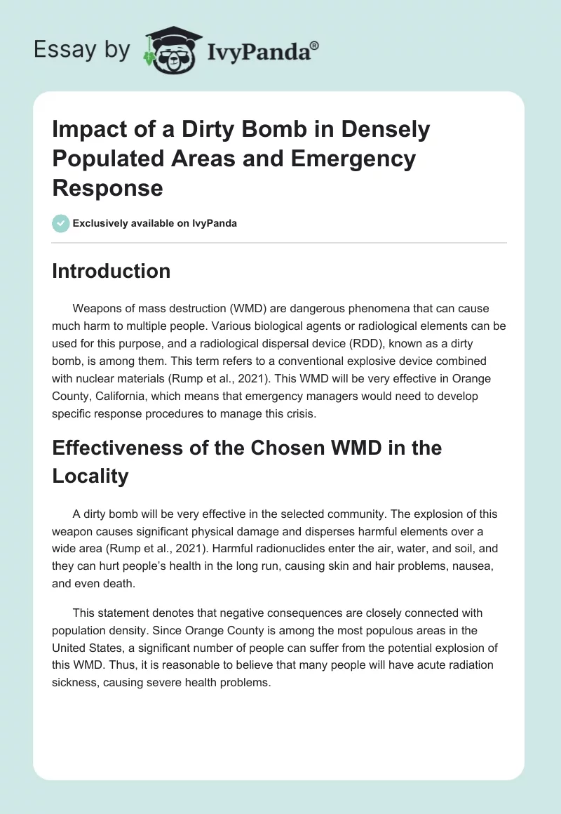 Impact of a Dirty Bomb in Densely Populated Areas and Emergency Response. Page 1